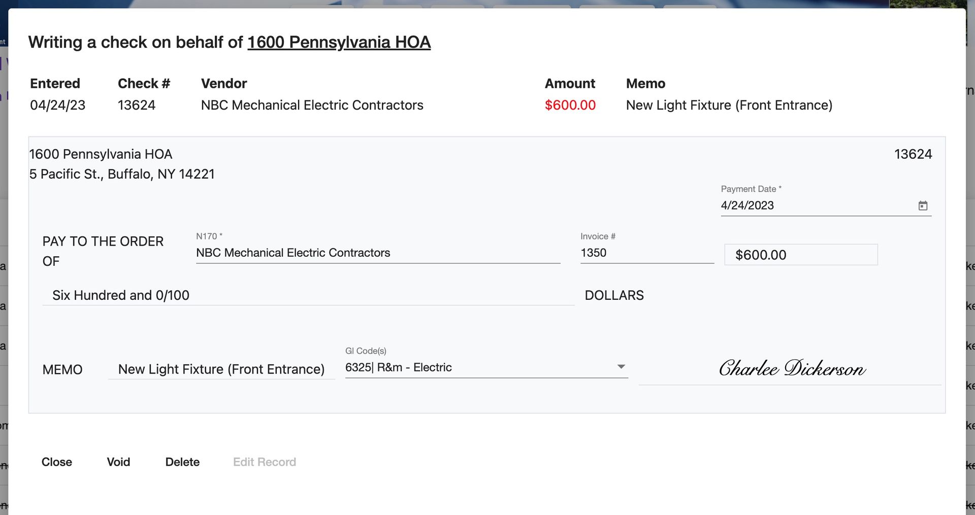 Automated check writing and payment processing in PropMan