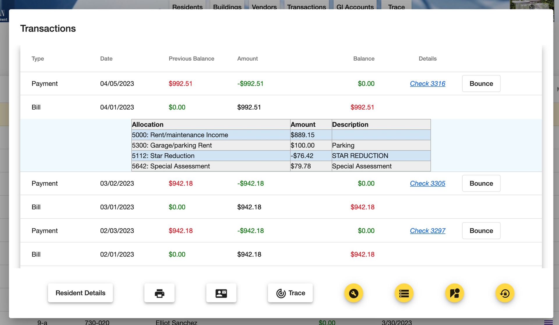 Complete resident payment history and transaction tracking